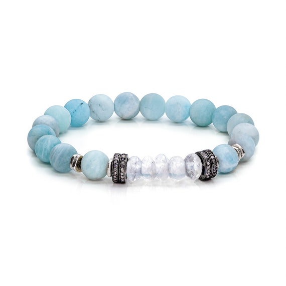 Rainbow Moonstone Aquamarine Diamond Gemstone Bracelet