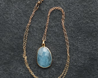 14k Gold Rose Cut Aquamarine Pendant Necklace*Solid 14k Gold*Bezel Set*March Birthstone Birthday Women's Jewelry Gift Idea*Wedding