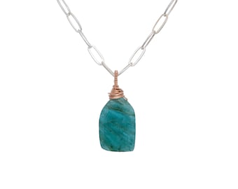 Grandidierite Pendant Necklace: Aqua Blue-Green Gem, Rose Gold Filled Wire