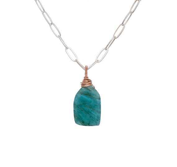 Aqua Blue Green Grandidierite Pendant Necklace*Rare*14k Rose Gold Filled*Nadean Designs*Paperclip Chain