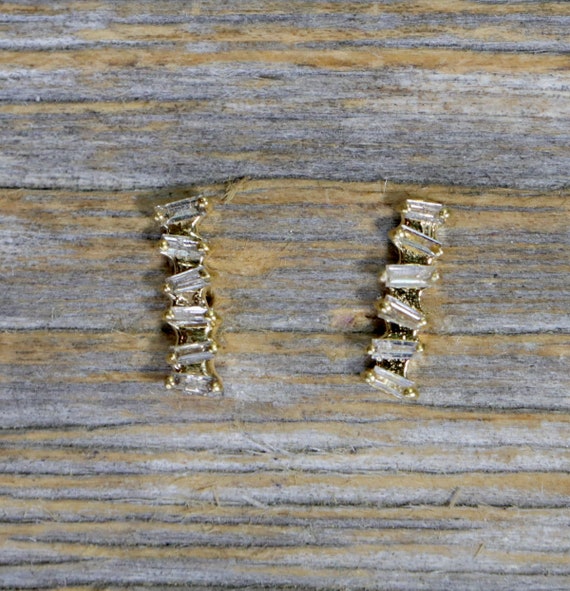 14k Yellow Gold Genuine Baguette Diamond Bar Stud Earrings