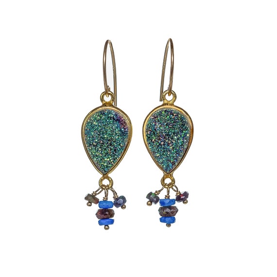 Druzy with Purple and Black Opal Gemstone Earrings