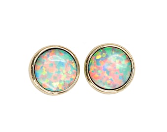 Aqua Opal Stud Earrings*Lab Created Opal Studs* Gold*Round*Gold 8.7mm*Gift Idea For Her*Holiday*Stocking Stuffer*Hanukkah*Date*Christmas