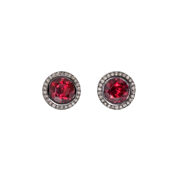 Red Garnet Gemstone Diamond Halo Stud Earrings