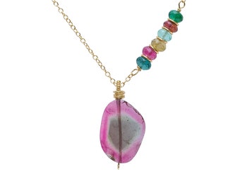 Watermelon Bi-Color Tourmaline Pendant Necklace*Solid 14k Gold*Romantic Lover*Smooth Tourmaline Gemstone*Christmas* Unique Rare Gift Idea