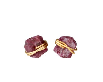 Raw Ruby Gemstone Stud Earrings*Wire Wrapped with 14k Gold overlay on Sterling Silver* Jewelry Gift Idea*Christmas* Stocking Stuffer