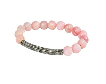 Pink Opal Pave Diamond Gemstone Bracelet*October Birthstone Birthday *Peruvian Pink Opal Beads* Wedding*Women's Jewelry Gift*Gala*Holiday