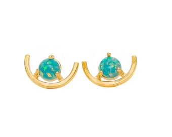 Opal Stud Earrings*Curved Design*October Birthstone Birthday*Women's Jewelry Gift Idea*