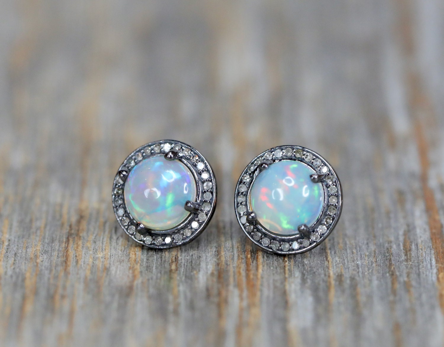 Large Opal Stud Earrings white opal stud genuine pave diamond Etsy