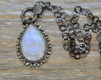 Large Rainbow Moonstone Baguette Diamond Pendant Necklace*genuine