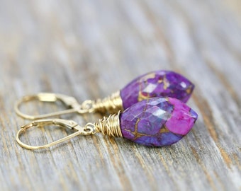 Genuine Purple Turquoise Gemstone Marquise Drop Earrings*14k Gold Filled*Unisex Jewelry*Gift Idea*Christmas*December Birthstone