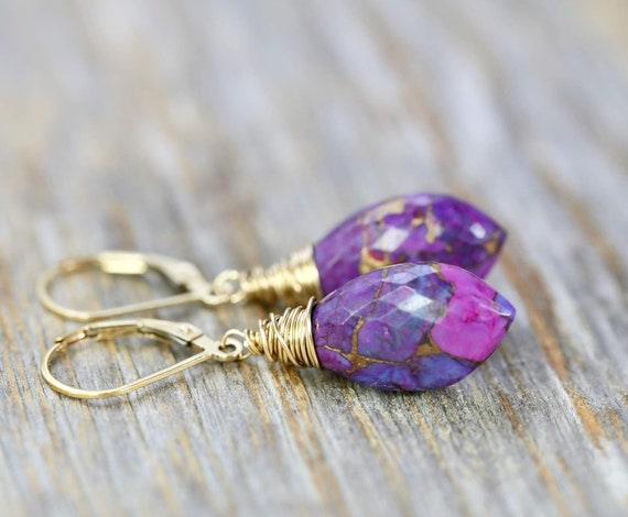 Genuine Purple Turquoise Gemstone Marquise Drop Earrings*14k Gold Filled*Unisex Jewelry*Gift Idea*Christmas*December Birthstone