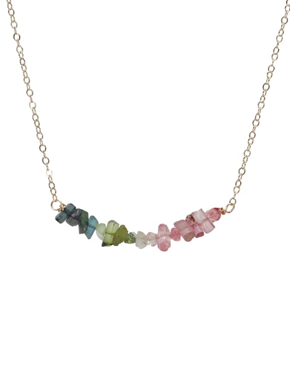 Genuine Rainbow Tourmaline Ombre Gemstone Bar Necklace