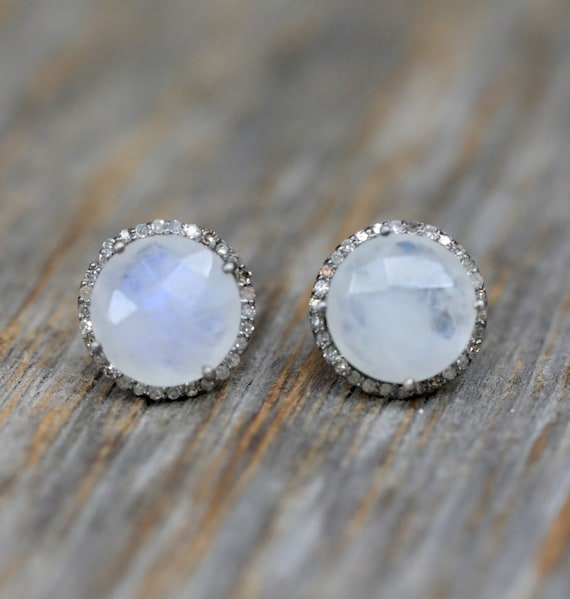 Rainbow Moonstone Pave Diamond Gemstone Round Stud Earrings