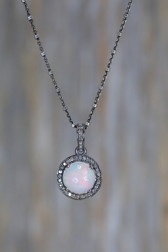 Genuine Opal Diamond Gemstone Round Pendant Necklace* Mother's Day Gift Idea* Graduation*Anniversary*.925 0xidized sterling silver*Wedding