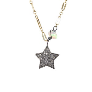 Genuine Diamond Star Opal Gemstone Necklace*Mixed Metal*Women&#39;s Jewelry Gift* Ethiopian Welo Opal*October Birthstone*Celestial*Holiday*Date