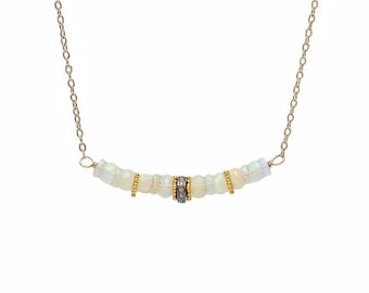 Opal Diamond Bar Necklace*Genuine Opal Gemstones with Diamonds Mixed Metal Accents*October Birthday Birthstone Gift Idea for Her