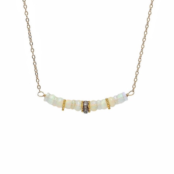 Opal Diamond Gemstone Bar Necklace