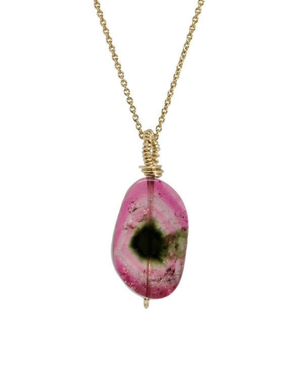 Watermelon Bi-Color Tourmaline Pendant Necklace*Solid 14k Gold*Unique RARE Handmade Jewelry Gift Idea Faceted Pear Shape Tourmaline Gemstone