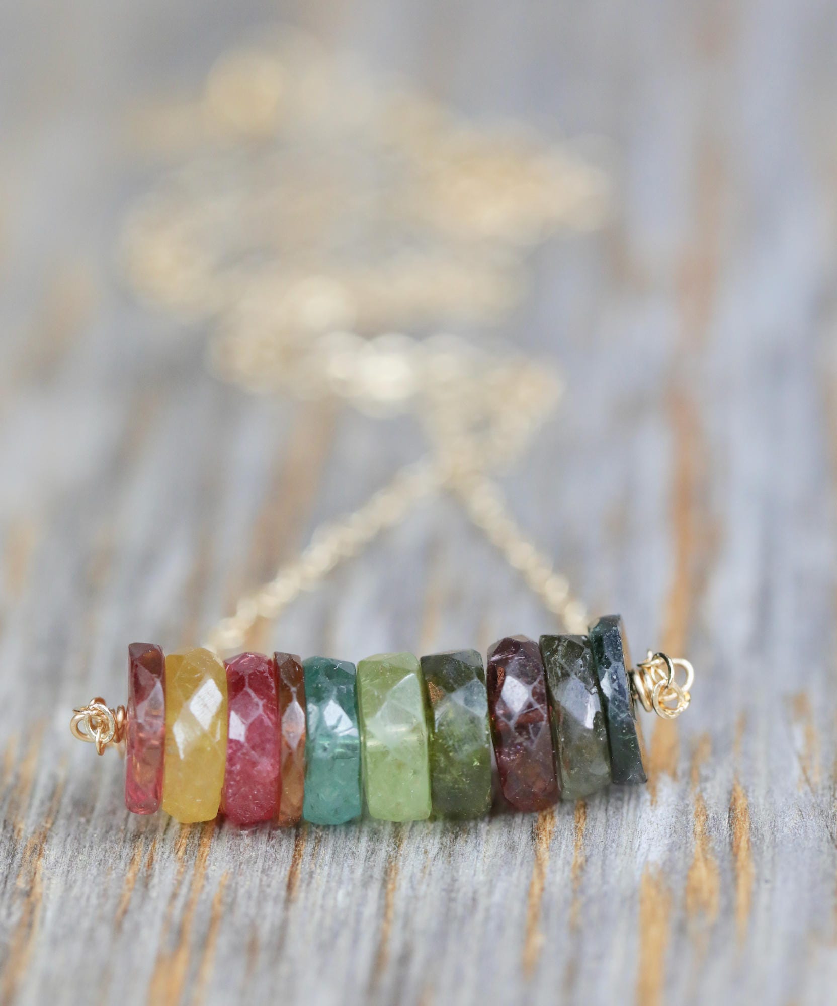 Watermelon Tourmaline Necklace Rainbow Gem Bar Necklace Rainbow