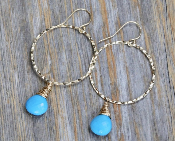 Turquoise Gemstone Front Facing Hoop Earring*14k Gold Filled