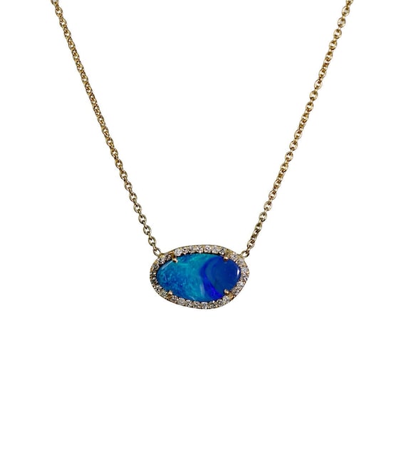 14k Gold Australian Blue Boulder Opal Pendant Necklace