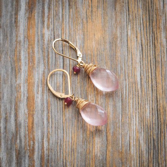 Rose Quartz and Ruby Gemstone Drop Earrings