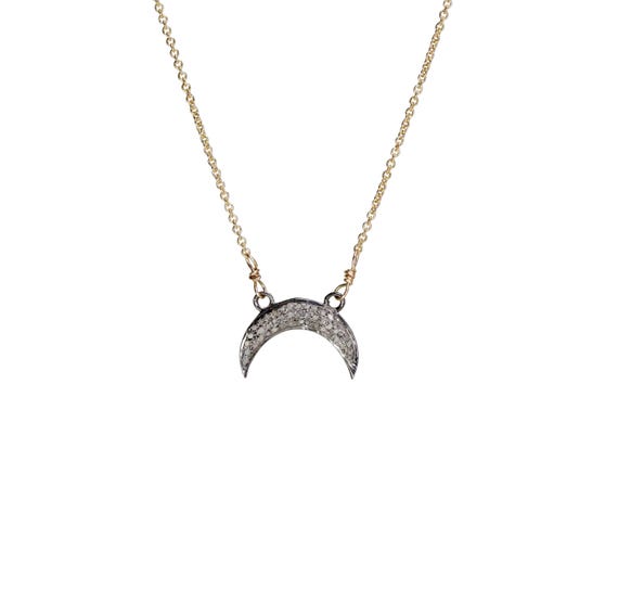Diamond Moon Crescent Shaped Mixed Metal Necklace- Genuine Pave diamond and strling silver