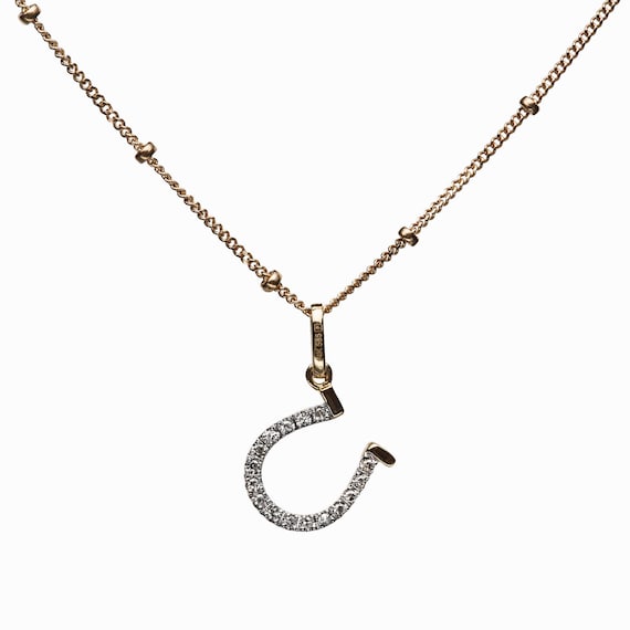 White Diamond 14k Gold Horseshoe Pendant Necklace