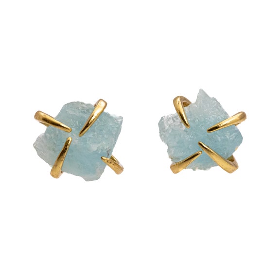 Raw Aquamarine Gemstone Prong Stud Earrings*Gold