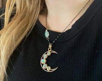 Large Opal Pave Diamond Gemstone Crescent Moon Pendant Necklace*October Birthstone Gift Idea for Her*Genuine Gemstones*Formal*Celestial