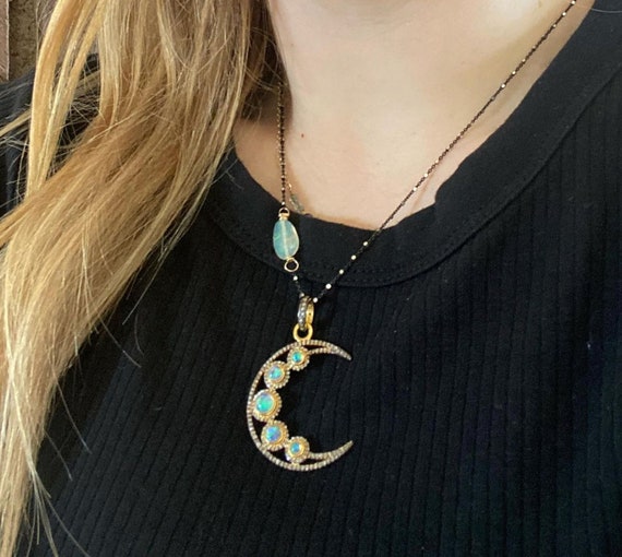 Large Opal Pave Diamond Crescent Moon Pendant Necklace