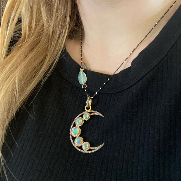 Large Opal Pave Diamond Crescent Moon Pendant Necklace*October Birthstone Gift Idea for Her*Genuine Gemstones*Christmas*Celestial*Date