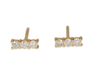 Genuine 14k Diamond Gemstone Bar Stud Earrings*Dainty*Staple Stud*Solid 14k Gold*Real White Brilliant Cut Diamonds*April Birthstone