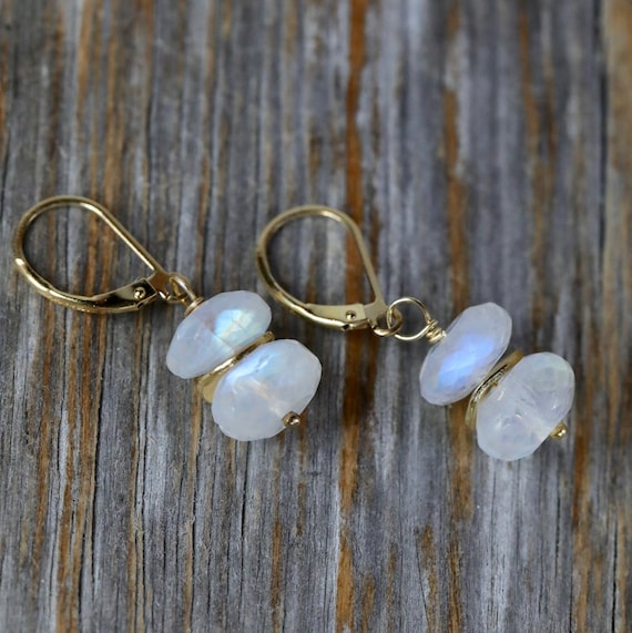 Moonstone Drop Earrings, 14k gold filled, faceted Rainbow Moonstone Earrings, Nadean Designs