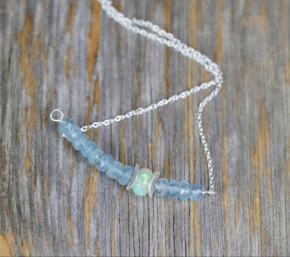 Aquamarine Gemstone Bar Necklace with Opal