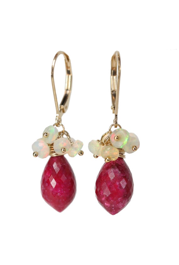 White Opal Ruby Gemstone Cluster Earrings