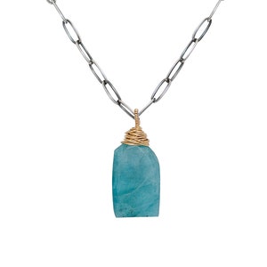 Large Aqua Blue Green Aquamarine Grandidierite Pendant Necklace*Rare*14k Gold Filled*Mixed Metal*Nadean Designs*Paperclip Chain