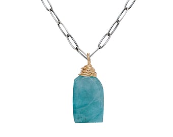 Große Aqua Blau Grün Aquamarin Grandidierit Anhänger Kette*selten*14k Gold Filled*Mixed Metal*Nadean Designs*Büroklammer Kette