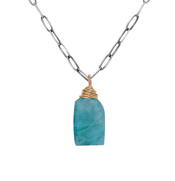 Large Aqua Blue Green Aquamarine Grandidierite Pendant Necklace*Rare*14k Gold Filled*Mixed Metal*Nadean Designs*Paperclip Chain