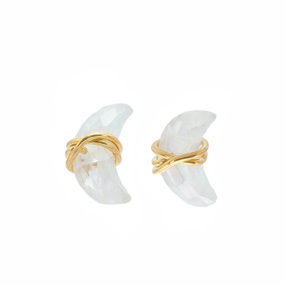 Moonstone Gemstone Crescent Moon Stud Earrings