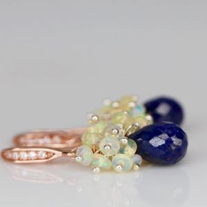 Blue Sapphire Opal Gemstone Drop Earrings*Rose gold*Opal Cluster Earrings*Gift Idea* Anniversary Wedding Birthday