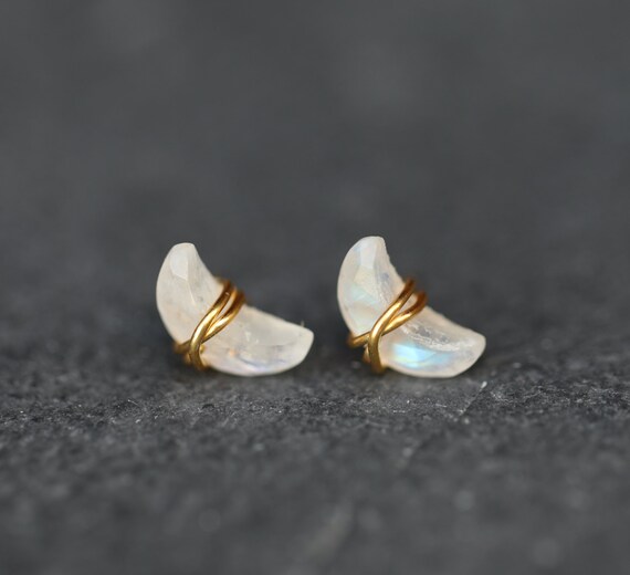 Moonstone Gemstone Crescent Moon Stud Earrings