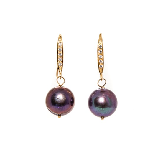 Genuine Large Round Black Pearl Diamond Gemstone Drop Earrings