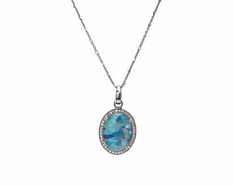 Genuine Australian Opal Pave Diamond Gemstone Pendant Necklace*Genuine Oxidized Sterling Silver*Women's Jewelry*October Birthstone Birthday