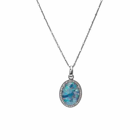 Genuine Australian Opal Pave Diamond Gemstone Pendant Necklace