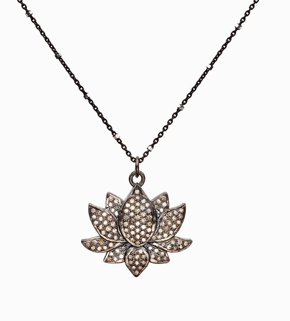 Lotus Flower Pave Diamond Pendant Necklace