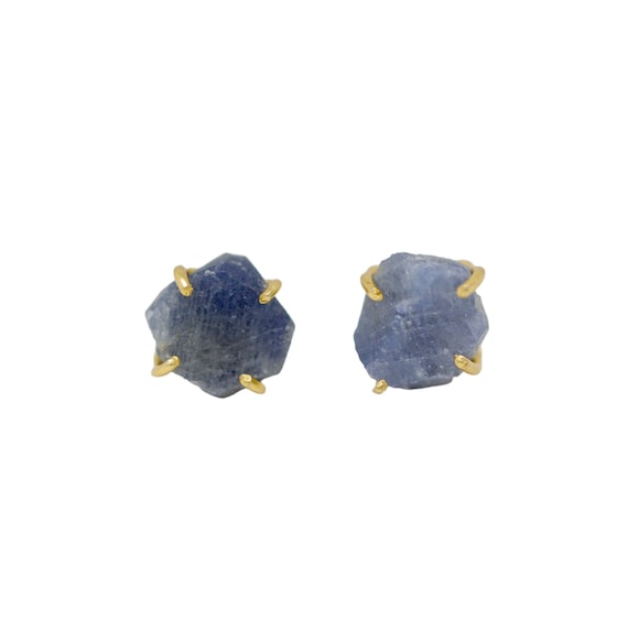 Raw Blue Sapphire Gemstone Stud Earrings*Prong setting 14k Gold on Sterling Silver*Gift Idea*September Birthstone Birthday*Holiday