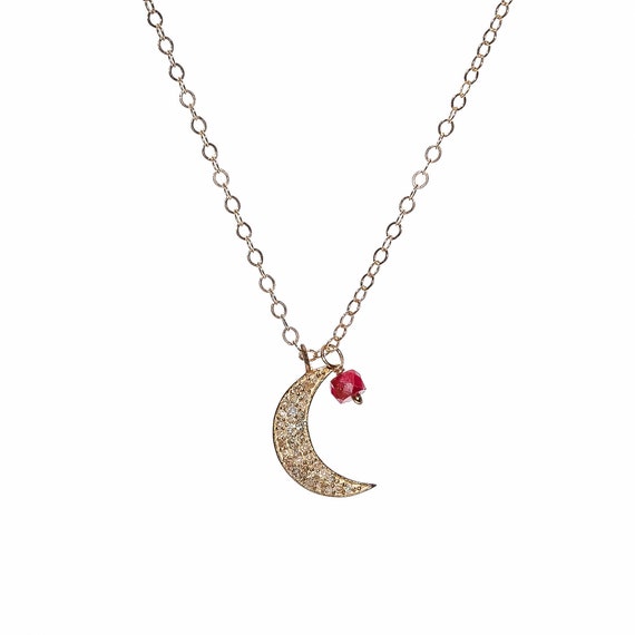 Genuine Diamond Gemstone Crescent Moon Pendant Necklace