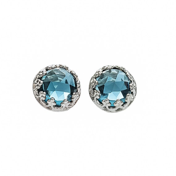 Genuine Rose-Cut Blue Topaz Gemstone Stud Earrings